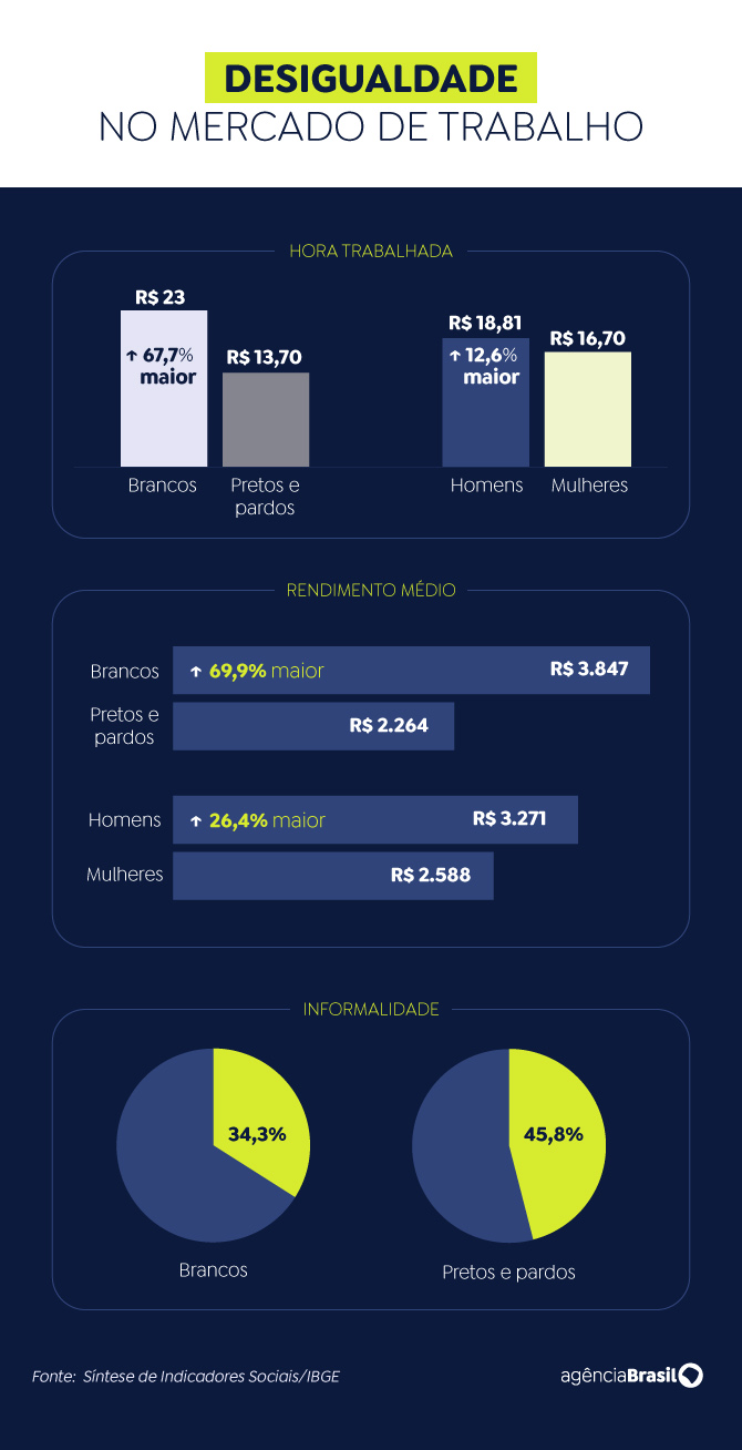 Brasília (DF), 04/12/2024 - Arte para a matéria IBGE. Desigualdade no mercado de trabalho. Arte/Agência Brasil