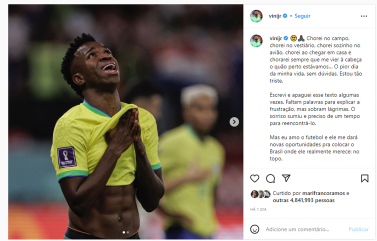 Vinicíus Junior também desaabafa em post