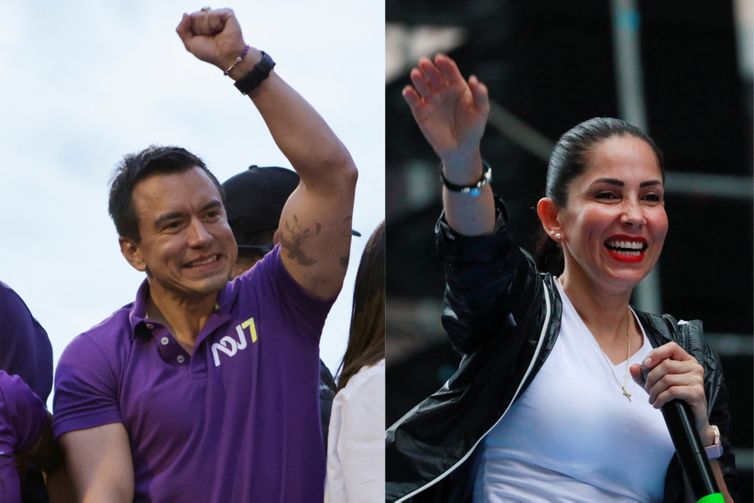 Foto 1: Ecuador's President and presidential candidate for reelection Daniel Noboa gestures during a campaign event for the upcoming Sunday presidential election, in Quito, Ecuador February 6, 2025. Reuters/David Diaz Arcos/Proibida reprodução
Foto 2: Ecuadorean presidential candidate Luisa Gonzalez of the Revolucion Ciudadana party, the political party of Ecuador's ex-President Rafael Correa, speaks during a campaign rally ahead of the February 9 general election, in Guayaquil, Ecuador, February 6, 2025. Reuters/Henry Romero/Proibida reprodução