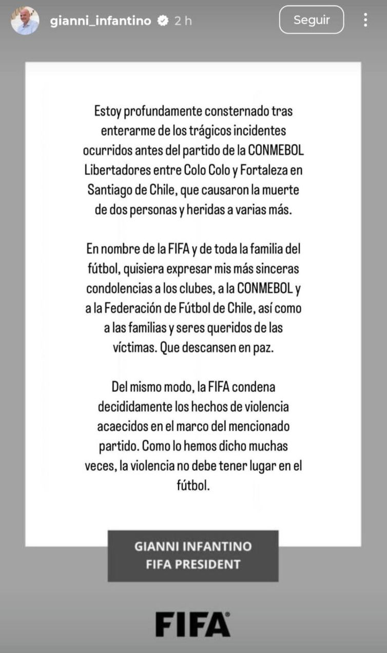 nota de pesar, Gianni INfantino, Fifa, Colo-Colo, torcedores, mortes