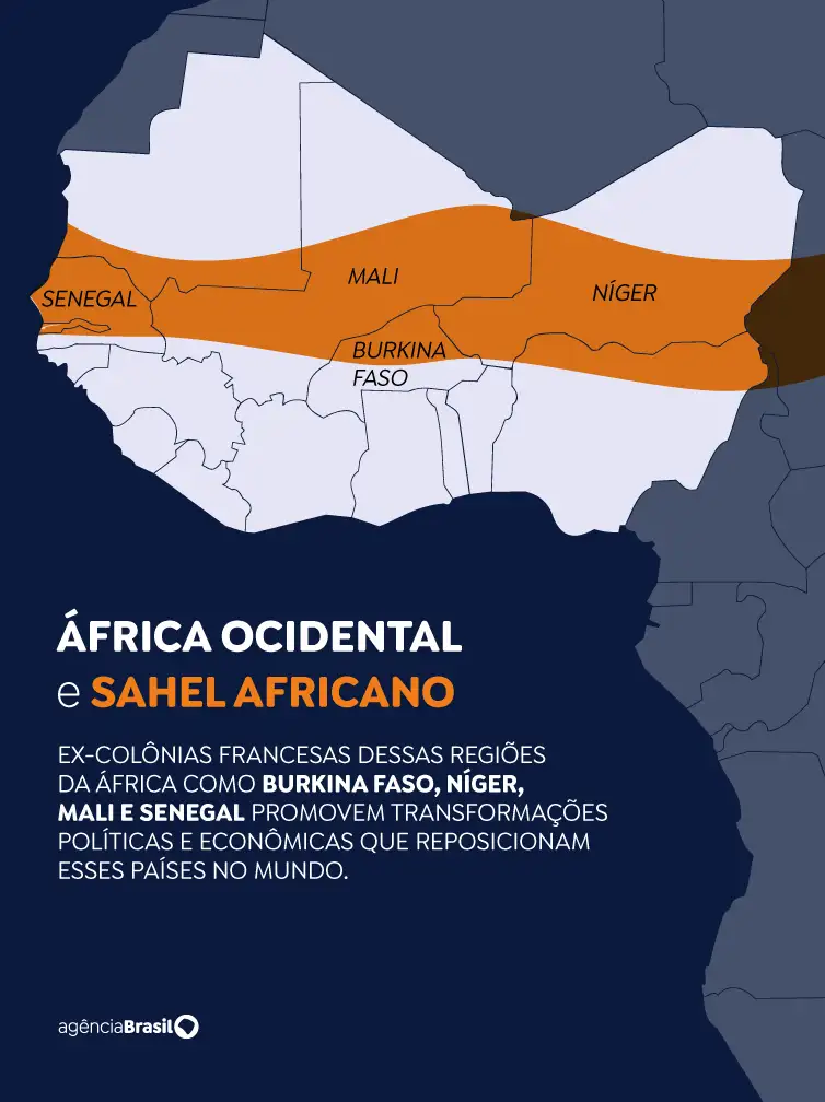 Arte/Dijor Ex-colônias francesas dessas regiões da África como Burkina Faso, Níger, Mali e Senegal promovem transformações políticas e econômicas que reposicionam esses países no mundo.
