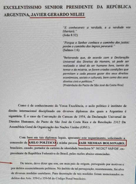 Reprodução Documento mostra pedido de asilo de Bolsonaro a Milei