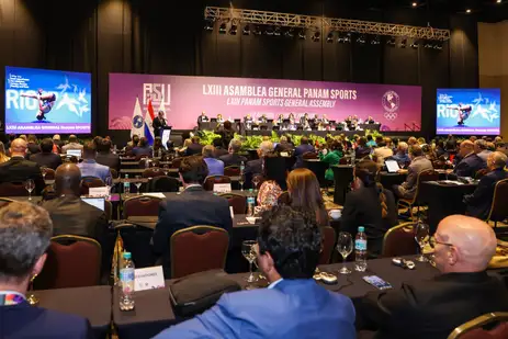 Miriam Jeske/COB Assunção, 08/08/2025 - Jogos Pan-Americanos Júnior Assunção 2025 - Assembléia PANAM. O presidente do COB Marco La Porta apresenta candidatura das cidades do Rio de Janeiro e Niteroi para sedes dos Jogos PanAmericanos e ParaPan de 2031. Foto: Miriam Jeske/COB