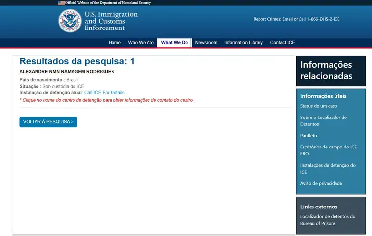 13/04/2026 - U.S. Immigration ad Customs Enforcement. Alexandre Ramagem Rodrigues. Foto: Print/U.S Immigration