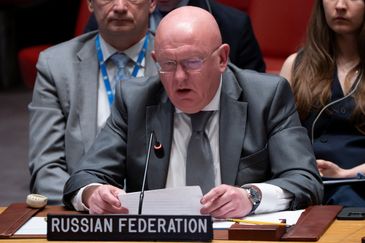 REUTERS/Eduardo Munoz/Proibida reprodução Russian ambassador to the United Nations Vassily Nebenzia addresses delegates during a meeting of the United Nations Security Council, following U.S attack on Iran's nuclear sites, at UN headquarters in New York City, U.S., June 22, 2025. REUTERS/Eduardo Munoz