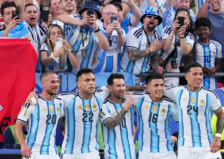 Soccer Football - FIFA World Cup 2026 - Group J - Argentina v Algeria - Kansas City Stadium, Kansas City, Missouri, U.S. - June 16, 2026
Argentina's Lionel Messi celebrates scoring their first goal with Alexis Mac Allister, Lautaro Martinez, Thiago Almada and Enzo Fernandez IMAGN IMAGES via Reuters/Jay Biggerstaff