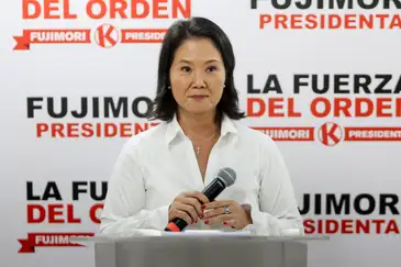 Peru's presidential candidate Keiko Fujimori attends a press briefing as the vote count in the country's general election continues for a fourth day, in Lima, Peru April 15, 2026. REUTERS/Stifs Paucca